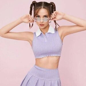 Shein Houndstooth Purple Collared Cropped Polo Tee